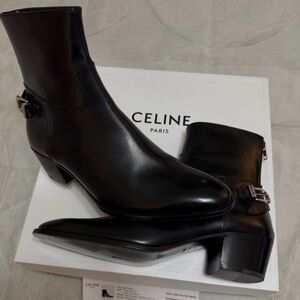 Celine Black Leather Mid-Calf Ankle Boots with Silver Buckle